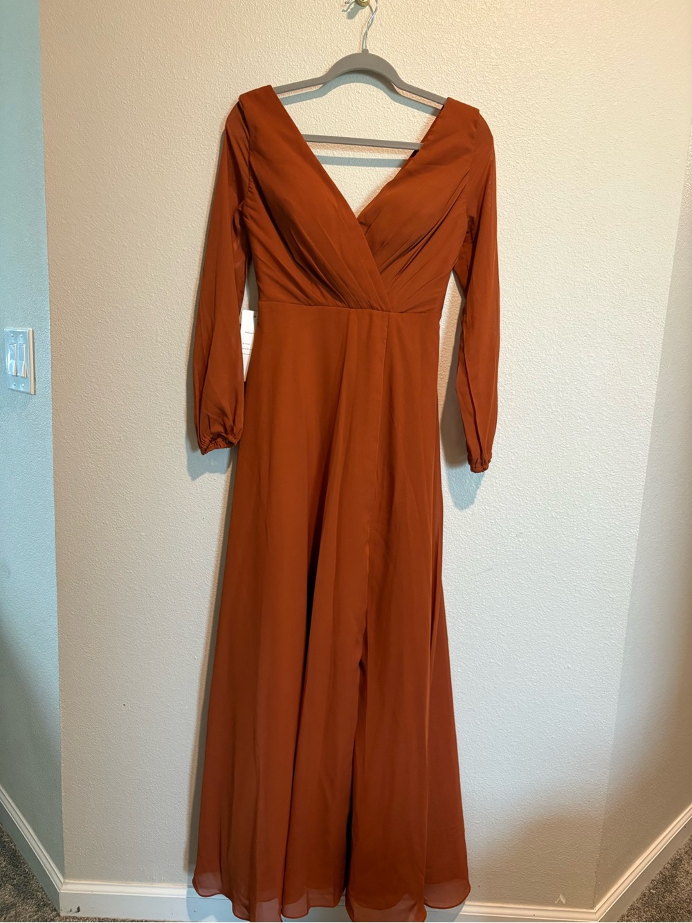 Long Sleeve V-Neck Maxi Dress in Burnt Orange